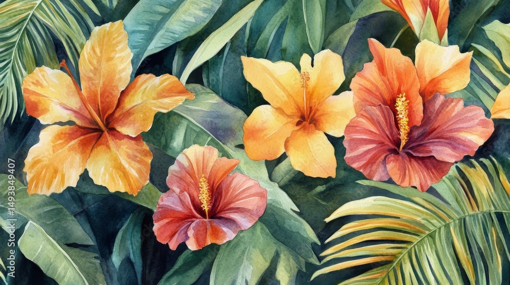 custom made wallpaper toronto digitalVibrant hibiscus blooms tropical garden watercolor illustration lush environment close-up view seamless design for nature lovers