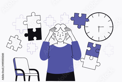 Memory loss symbolism. Elderly woman trying to fit puzzle pieces. Vector illustration