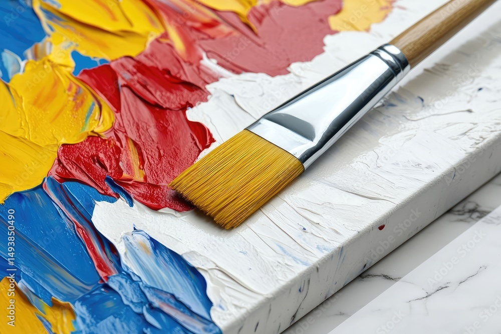 Fototapeta premium A paintbrush rests on a canvas with vibrant strokes of red, yellow, blue, and white paint.