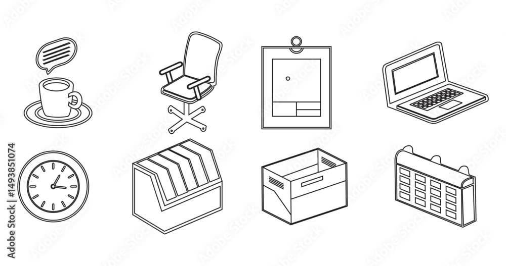 Fototapeta premium Black Outline Office Icon Set – Minimal Business Essentials Vector Collection