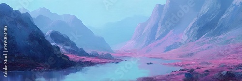 A painting of a mountain range with a river running through it