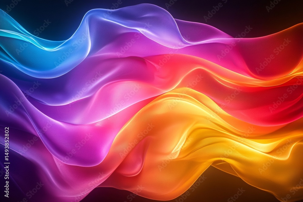 Obraz premium Flowing waves display a stunning array of colors that resemble illuminated silk. This vibrant design captivates with smooth transitions between shades, creating a sense of depth and movement