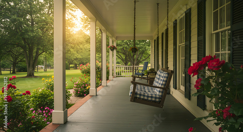 Idyllic Southern Porch Swing Scene With Blooming Rose Bushes And Countryside