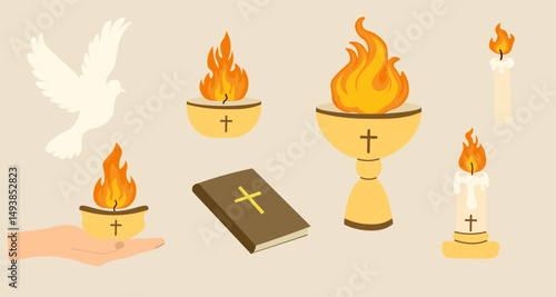 Pentecost Sunday elements dove of peace, flames of the Holy Spirit, Bible, burning candles, chalice, and open hand. Perfect for church invitations or holiday graphics
