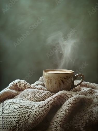 Photo of a steaming coffee cup placed on a cozy blanket, evoking warmth and relaxation