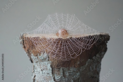 Dew-kissed spiderweb delicately draped over a weathered tree stump, a stunning natural scene.