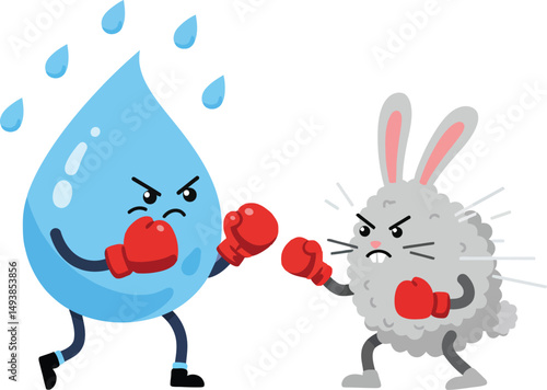 Water Drop and Fluffy Bunny Wearing Boxing Gloves Fighting Vector Illustration 