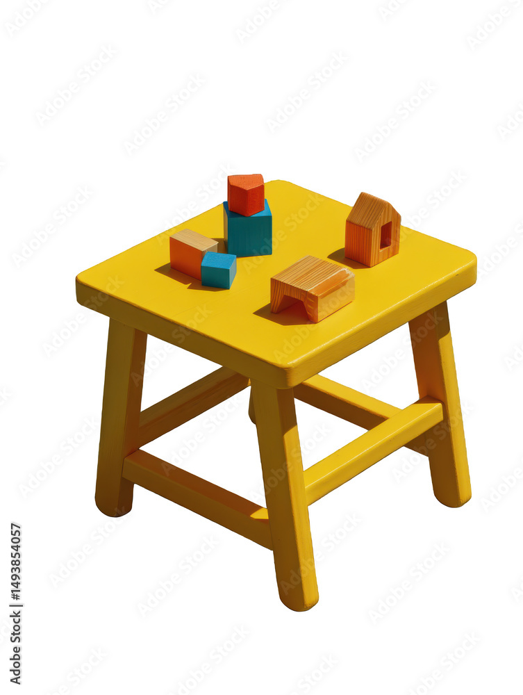 Fototapeta premium Wooden Toys on Stool: A vibrant yellow stool holds an assortment of wooden toys, creating a scene of innocent joy and playful exploration.