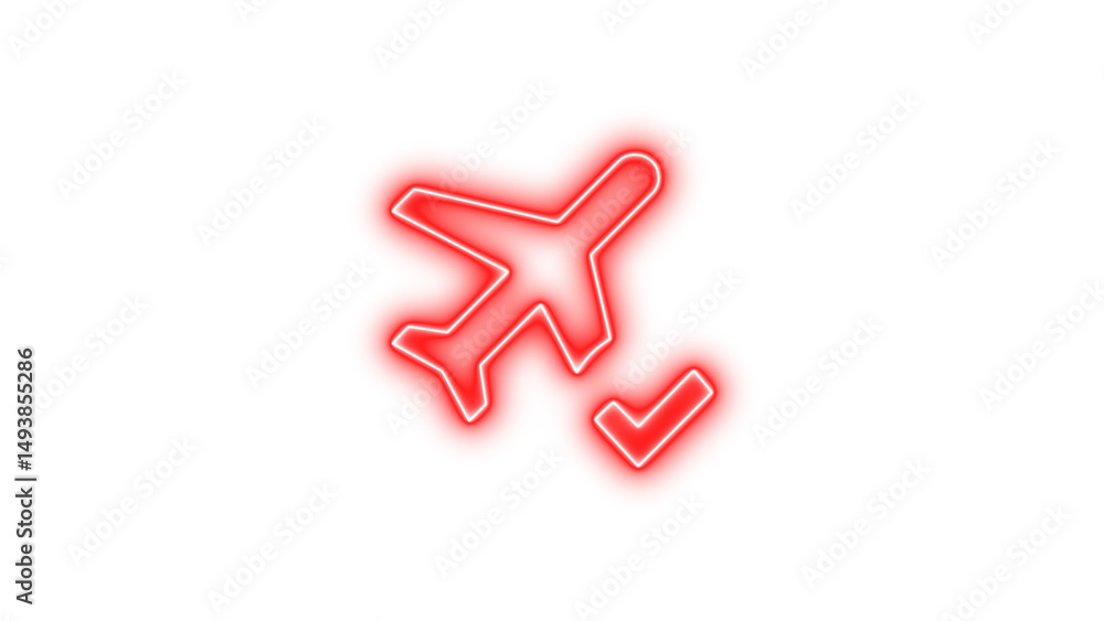 Obraz premium Neon Airplane Icon with Checkmark, Neon airplane check icon color glow with transparent background