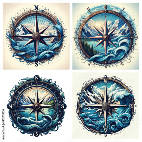 Vintage compass illustrations with ocean waves and mountain backgrounds  