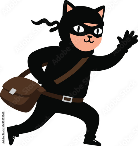 Cat thief running stealthily with bag in black outfit cartoon style vector illustration 