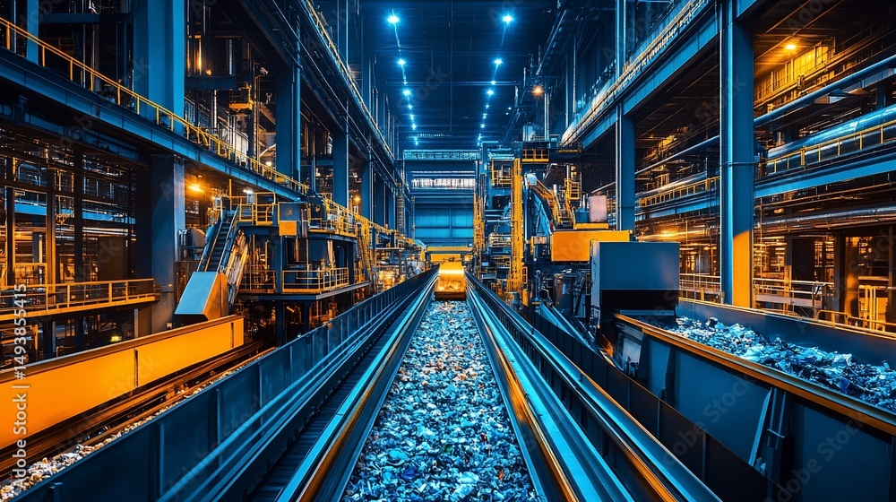 Fototapeta premium Industrial plant interior, showcasing a vast, illuminated processing area with complex machinery and material transport systems