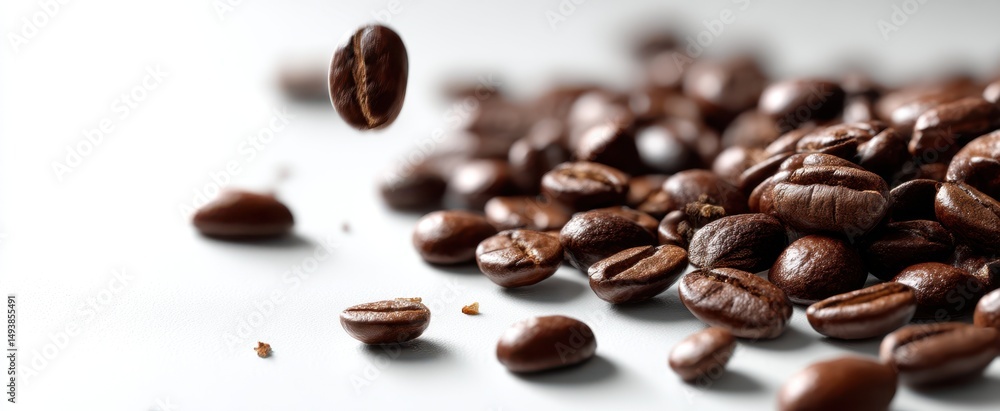 Obraz premium The captivating allure of falling coffee beans on a pristine surface.