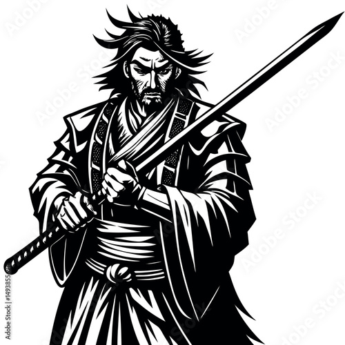 Warrior standing in battle stance, gripping katana with determination in a traditional outfit Generative AI