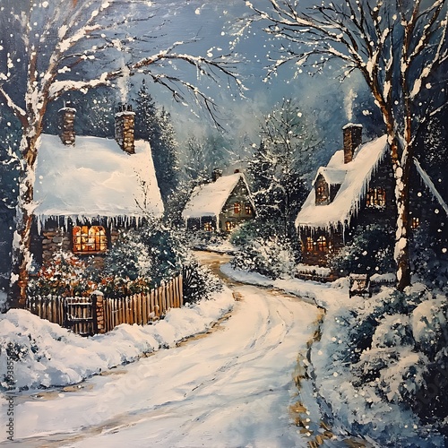 Snowy winter scene of cozy homes nestled along a winding road.