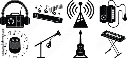 vector set of musical instruments and Silhouette Icons