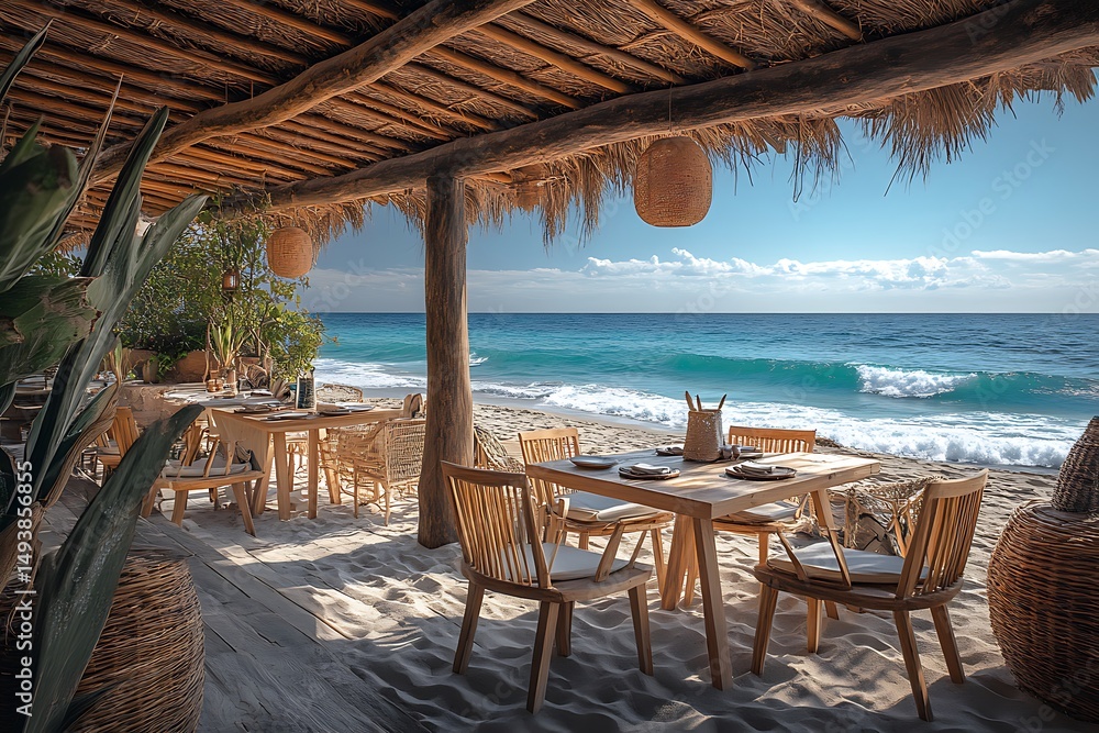 Fototapeta premium Empty beach restaurant waiting for guests high resolution picture