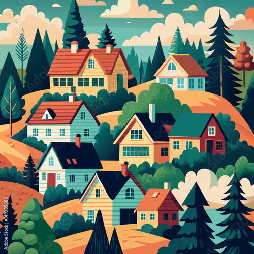 Colorful houses nestled in a vibrant hillside landscape under a bright blue sky with fluffy clouds Generative AI