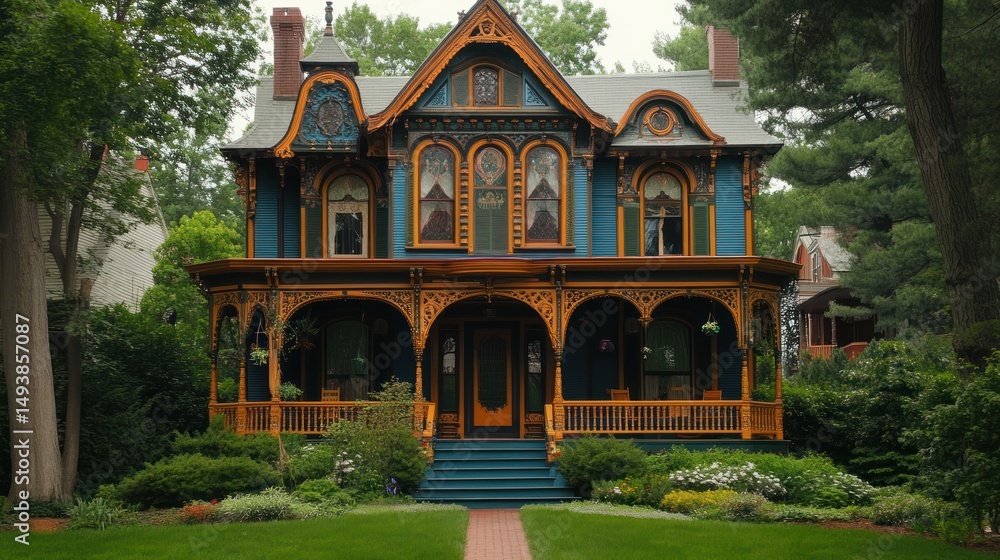 Fototapeta premium Victorian Dream House: A Majestic Teal and Gold Mansion