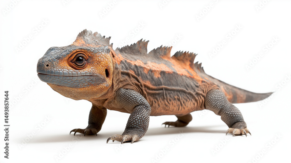 Obraz premium A scaly iguana or lizard with a long tail and textured skin, resting calmly, isolated on a white background.