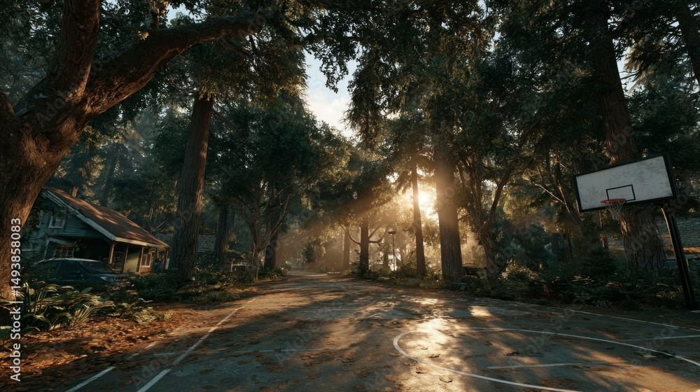 Naklejka premium Sunlit Basketball Court in a Serene Forest Setting with Trees and Shadows