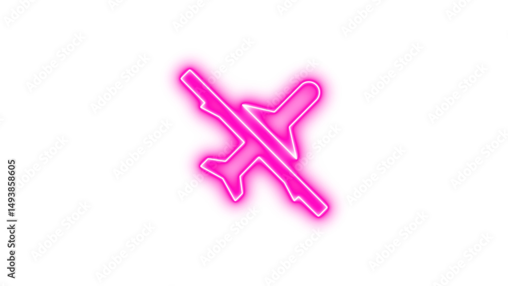 Fototapeta premium Glowing neon sign depicting an airplane with a line through it, symbolizing airplane mode or no flying