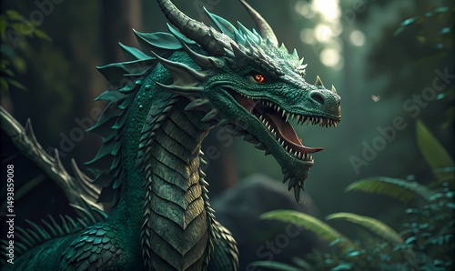 Emerald Dragon Guardian of the Forest with Fiery Eyes and Horns