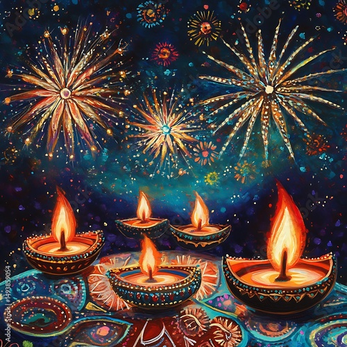 Colorful fireworks display over glowing Diwali lamps.