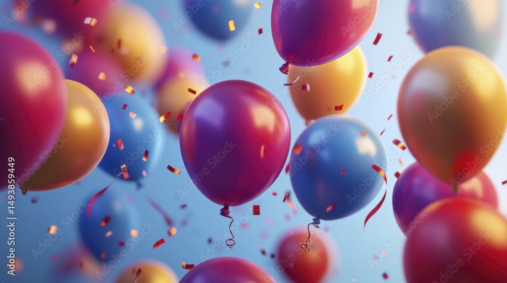 Festive Colorful Balloons and Confetti Floating Against a Light Blue Background Festive Colorful Balloons and Confetti Floating Against a Light Blue Background