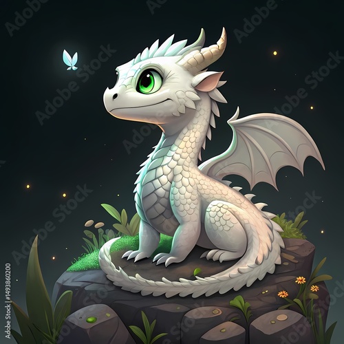 Adorable White Dragon Cub with Green Eyes and a Butterfly Friend