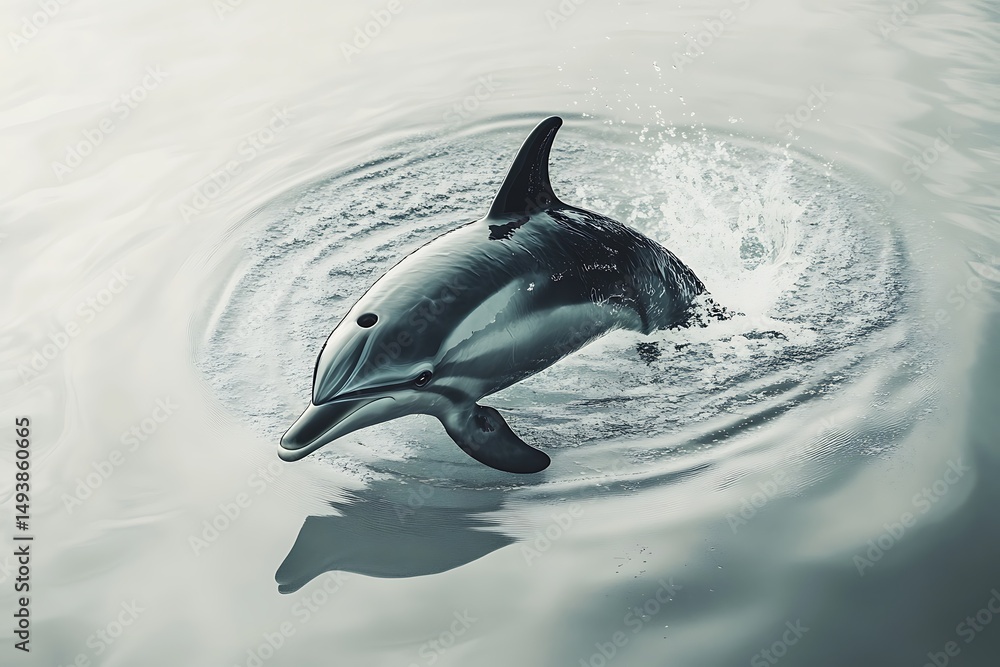 Obraz premium A dolphin leaping out of the water creating ripples and splashes around it in the ocean surface