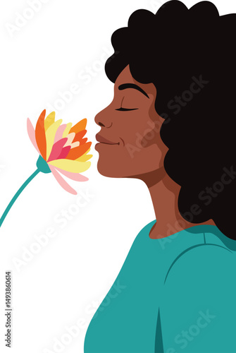 Woman with curly hair smelling colorful flower in calm moment natural lifestyle vector illustration 