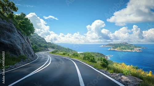 Winding road along a tropical coastline with islands in the distance.