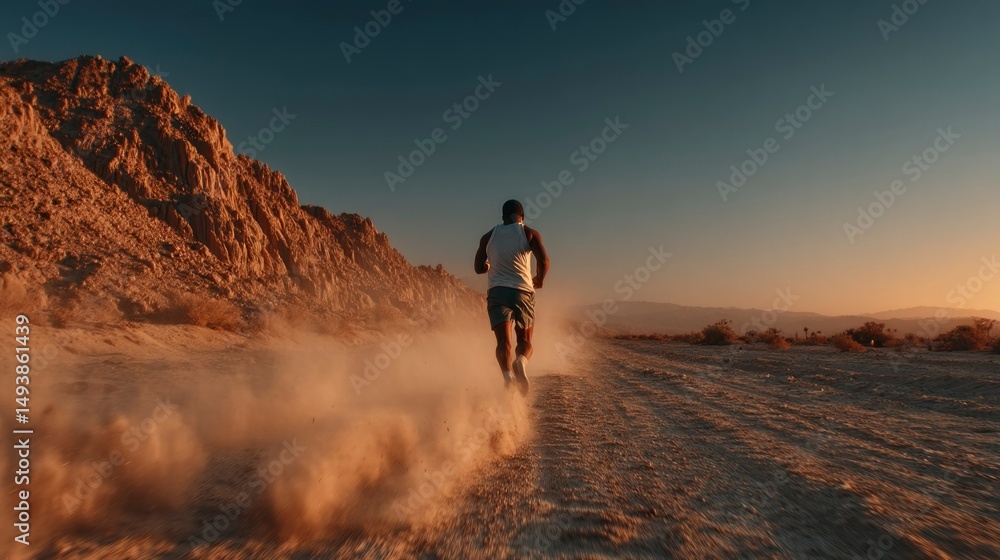 Running Man in Desert Landscape at Sunset Dusty Trail Fitness Motivation Outdoor Adventure Running Man in Desert Landscape at Sunset Dusty Trail Fitness Motivation Outdoor Adventure
