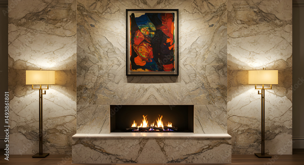 Naklejka premium Elegant Living Room Interior With Modern Fireplace And Artistic Accents