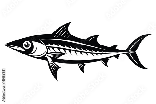 Striking Black and White Illustration of a Tuna Fish with Detailed Fins