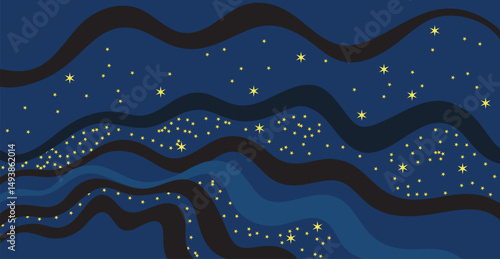 A captivating horizontal dark blue background with smooth abstract waves and sparkling stars. Perfect for banner designs, 