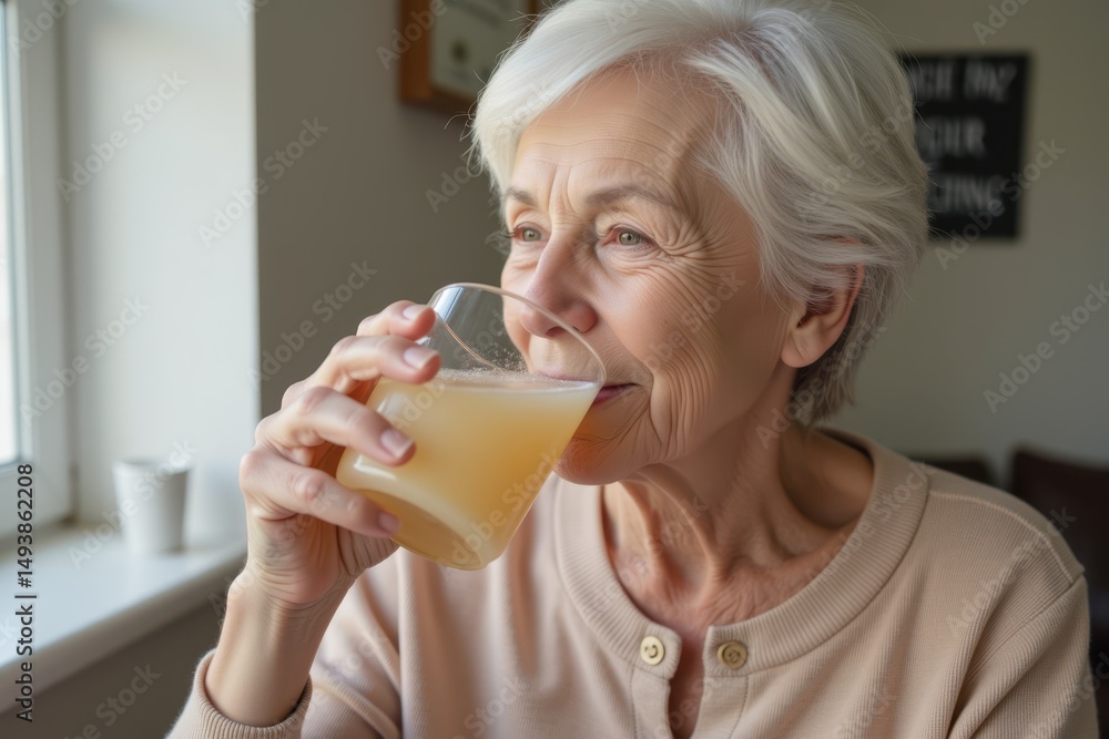 an elderly woman drinking a probiotic drink with a look of relief and comfort, set against a softly lit indoor background with minimal distractions and text room. an elderly woman drinking a probiotic drink with a look of relief and comfort, set against a softly lit indoor background with minimal distractions and text room.