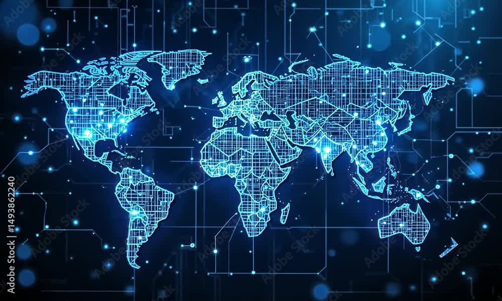 Futuristic glowing digital world map with neon blue Earth and global network connections on modern business technology background. 3d rendering, 4k video Futuristic glowing digital world map with neon blue Earth and global network connections on modern business technology background. 3d rendering, 4k video