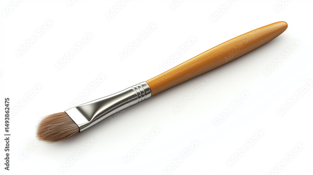 Fototapeta premium A thin paintbrush with smooth bristles and a wooden handle, isolated on a plain white background. 