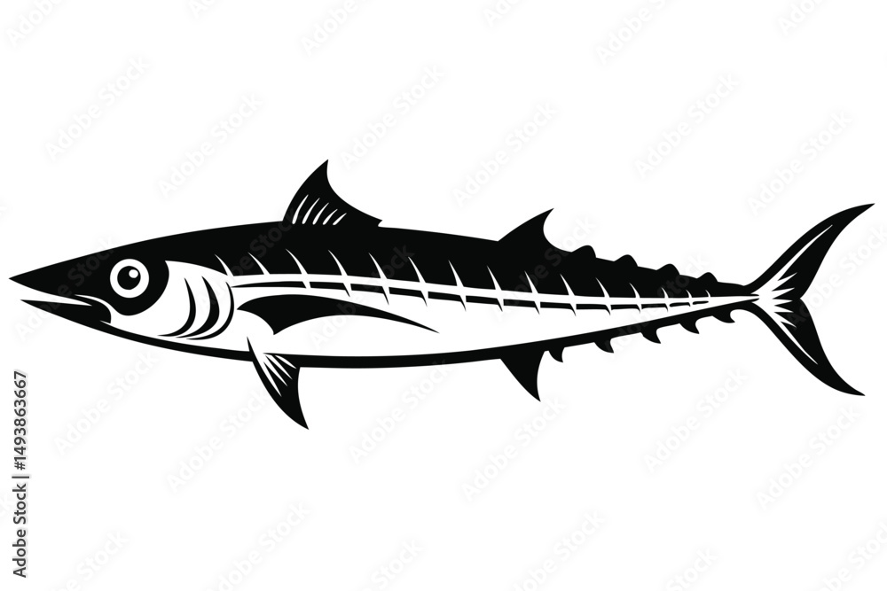 Monochrome Illustration of a Scombridae Fish with Fin Spines and Striped Detailing Monochrome Illustration of a Scombridae Fish with Fin Spines and Striped Detailing