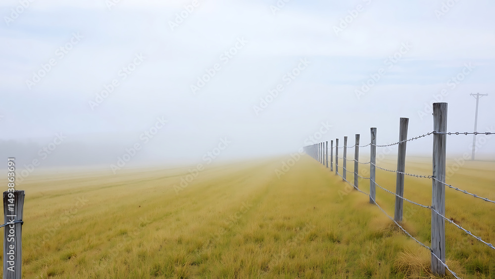 Fototapeta premium Fence Line Vanishing Into The Fog Near Nottoway Plantation Land
