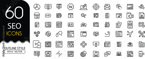 Set of 60 outline icons related to SEO, Search engine optimization. Linear icon collection. Line Editable Icons set. Vector illustration, EPS10