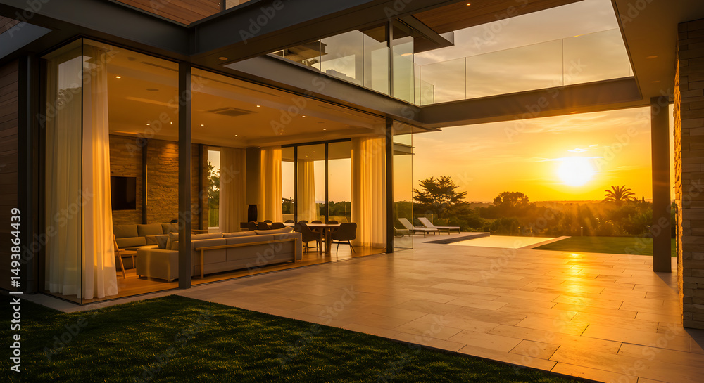 Fototapeta premium Luxury Home With Open Layout Offering Panoramic Sunset Views From Patio