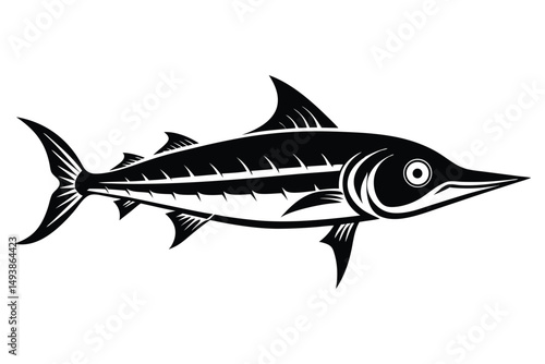 Stylized Black Swordfish Silhouette, Elegant Fish Illustration with Fins and Spearlike Bill, Marine Life