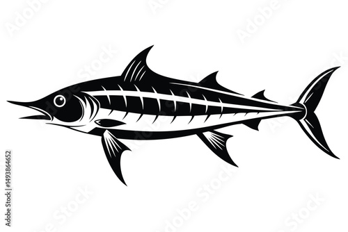 Striking Black Silhouette of a Swordfish with Detailed Bone Structure, Graphic Illustration