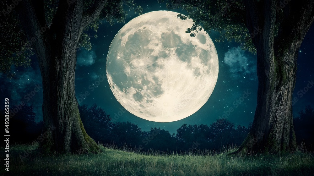 Fototapeta premium Majestic Full Moon Night Scene with Trees