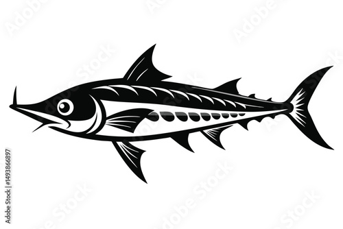 Stylish Black and White Illustration of a Finely Detailed Swordfish with Spiked Fins