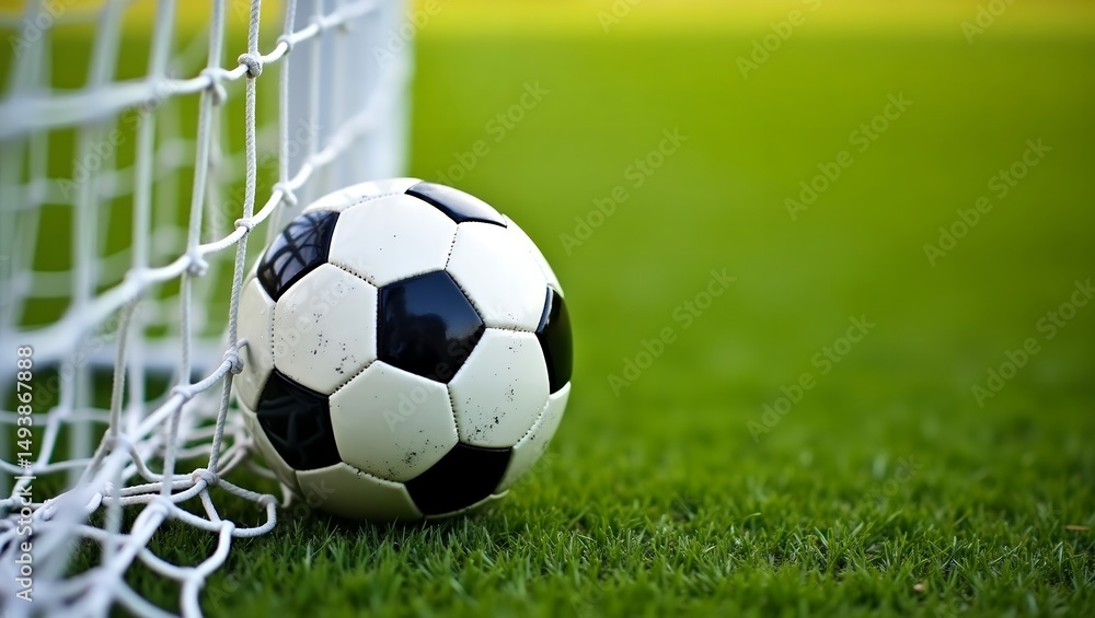 Fototapeta premium Classic Soccer Ball in Goal on Green Field
