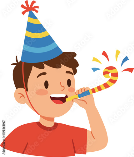 Boy celebrating birthday with party hat and party blower in colorful festive style vector illustration 